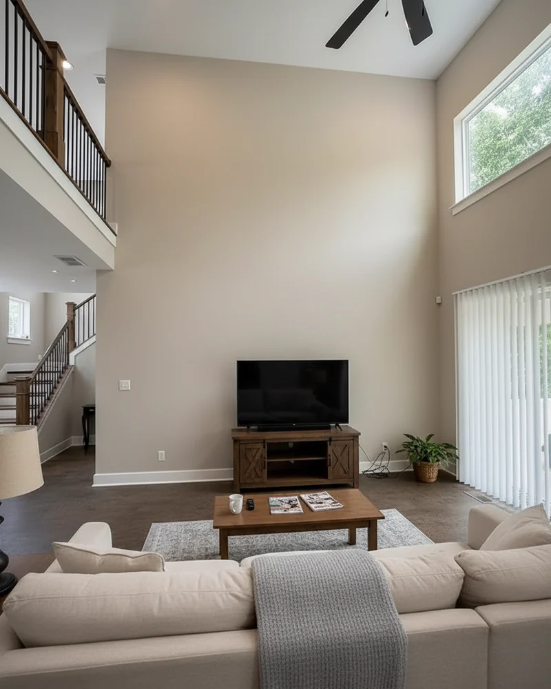 An ordinary living room with a plain wall, before the build
