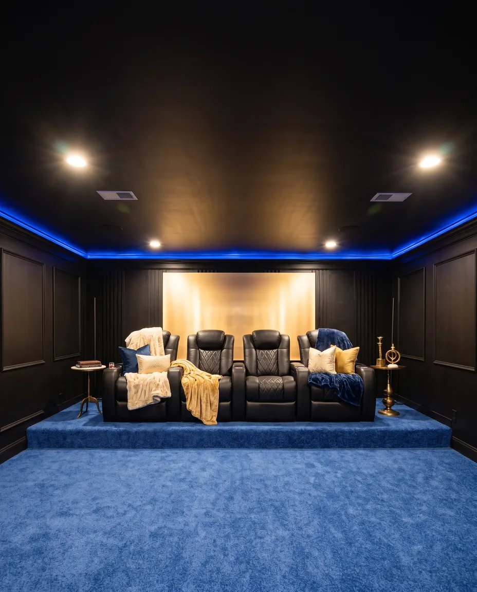 Private home theater with tiered recliners and a lit ceiling